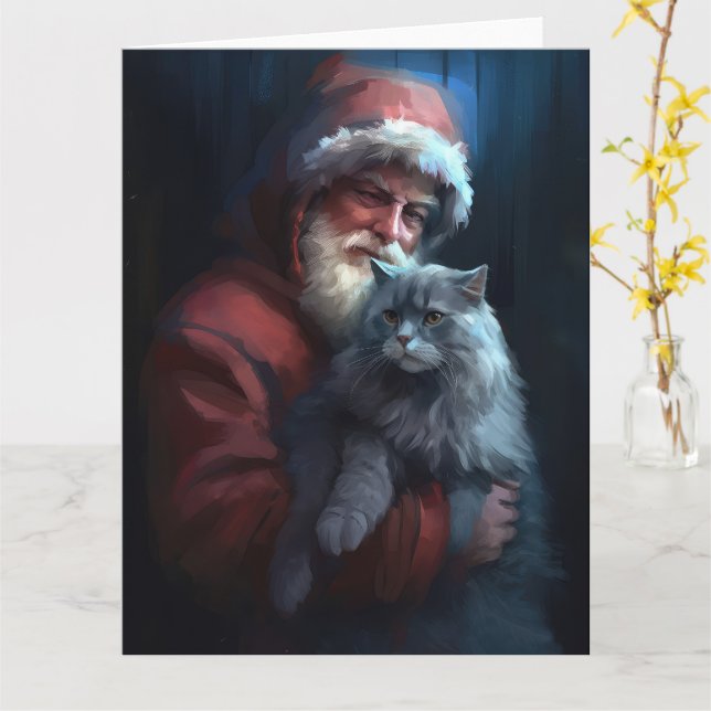 Tarjeta Navidades festivos del gato azul ruso Santa Claus (flor amarilla)