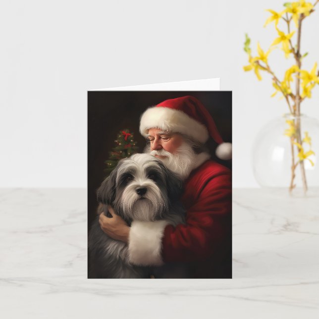 Tarjeta Navidades festivos del Tibetano Terrier Santa Clau (flor amarilla)