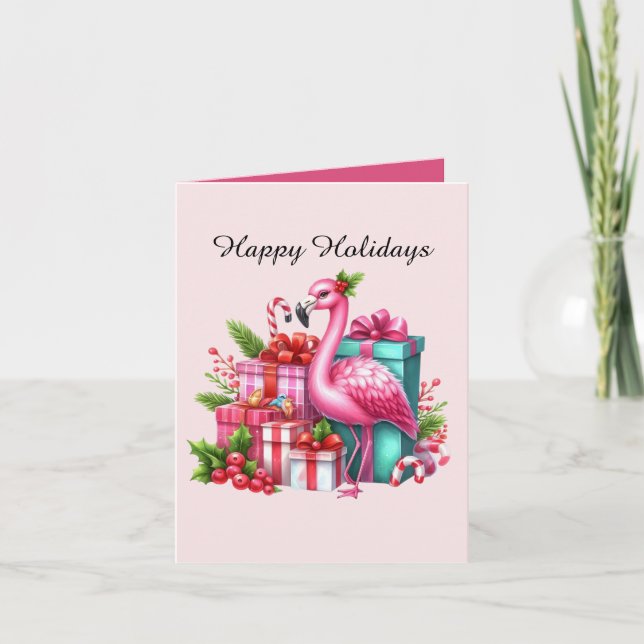 Tarjeta Navidades festivos flamingo rosa (Anverso)