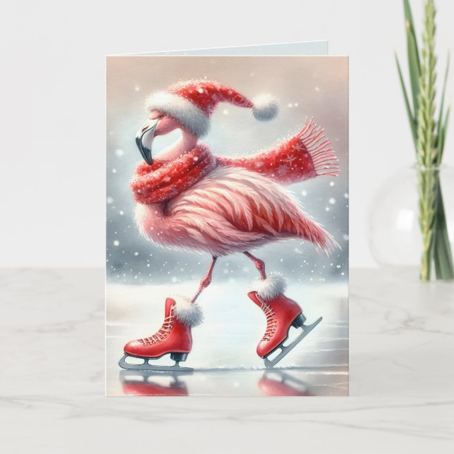 Tarjeta Navidades festivos Patinaje sobre hielo Flamingo (Anverso)