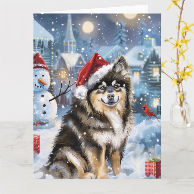 Tarjeta Navidades finlandeses de invierno de Lapphund disf (flor amarilla)