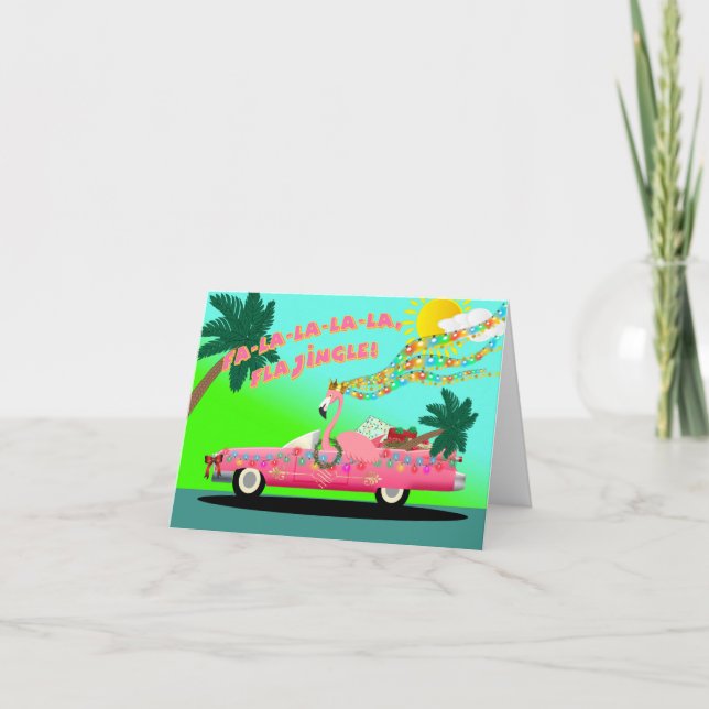 Tarjeta Navidades Flamingo con auto completo Flajingle (Anverso)