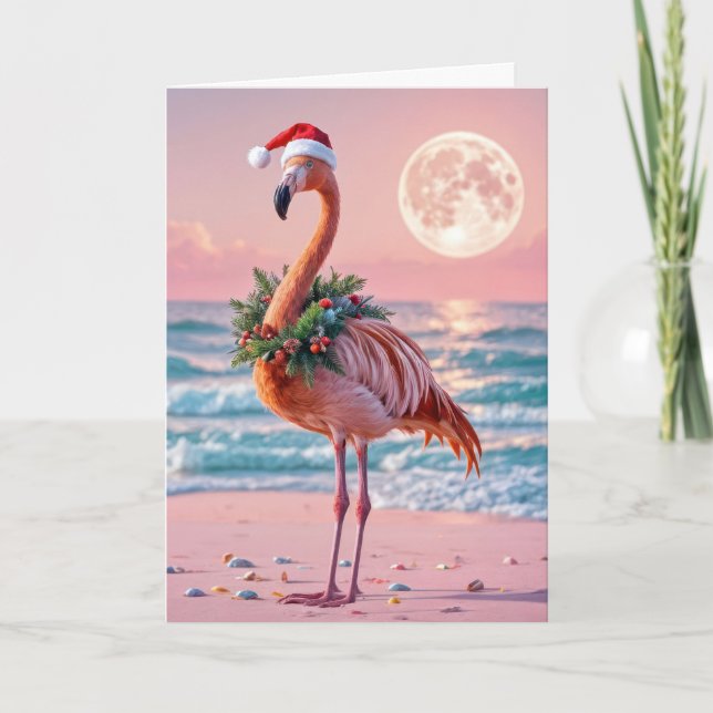 Tarjeta Navidades Flamingo con guirnalda de vacaciones (Anverso)