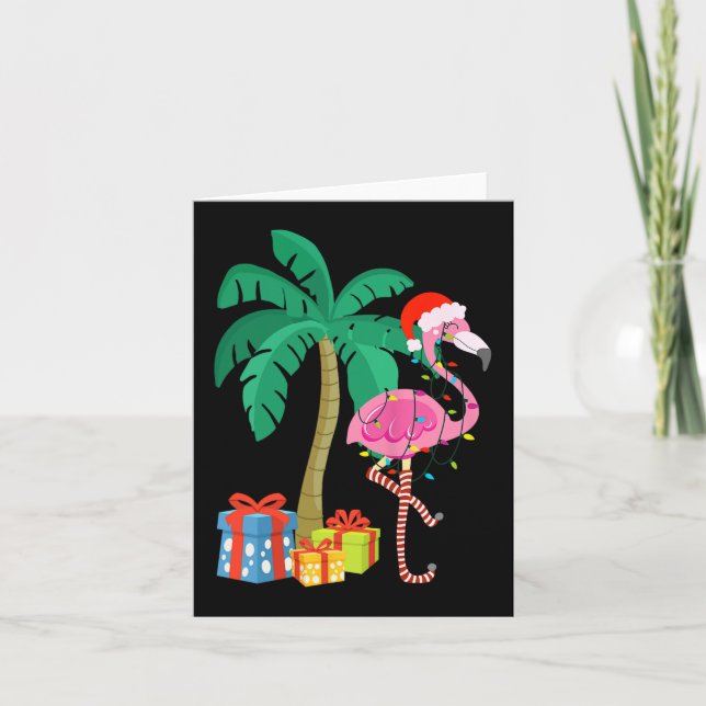 Tarjeta Navidades Flamingo Rosado Palm Tree Tropical Xmas  (Anverso)