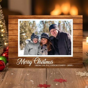 Tarjeta Navidades Foto Familia Nombre Madera Rústica 2 Lad