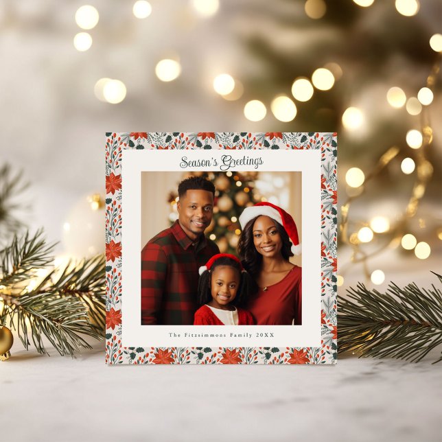 Tarjeta Navidades fotográficos clásicos de la época navide (Poinsettia Season Square Christmas Card white)