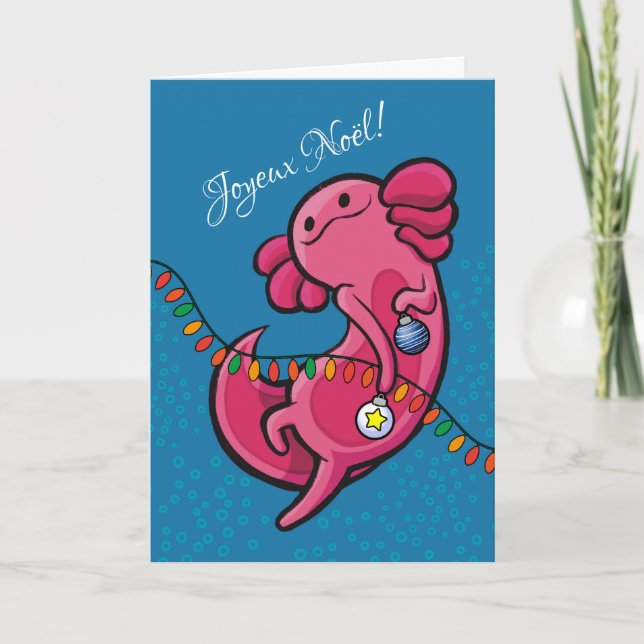 Tarjeta Navidades franceses adoran Axolotl con ornamentos (Anverso)