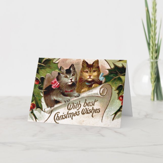 Tarjeta Navidades Gatitos, ilustracion vintage, (Anverso)