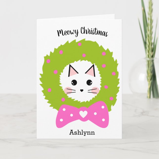 Tarjeta Navidades Gato De Guirnalda Verde Rosa (Anverso)