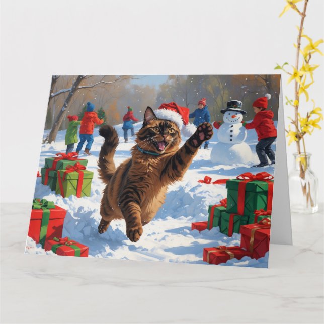 Tarjeta Navidades gatos abisinos celebran escena de nieve (flor amarilla)
