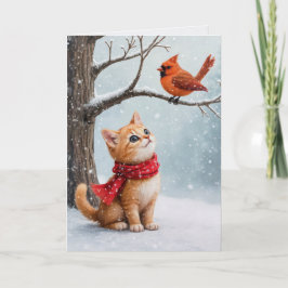 Tarjeta Navidades Ginger Kitty mirando al cardenal