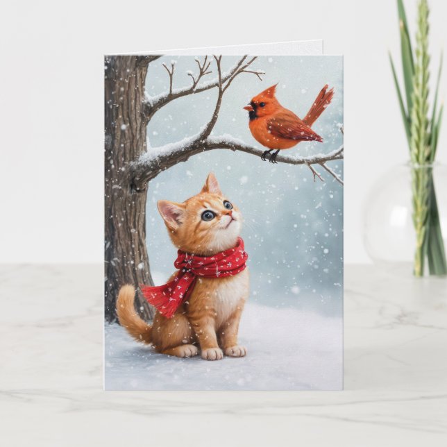 Tarjeta Navidades Ginger Kitty mirando al cardenal (Anverso)