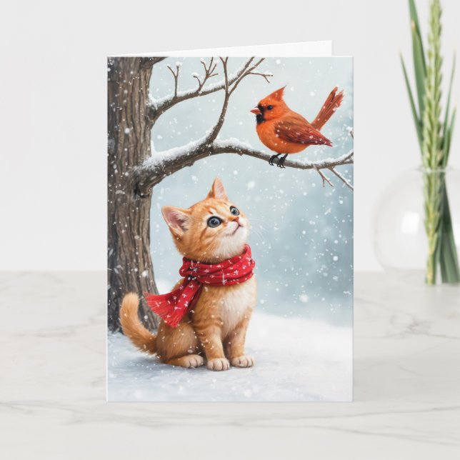 Tarjeta Navidades Ginger Kitty mirando al cardenal (Anverso)