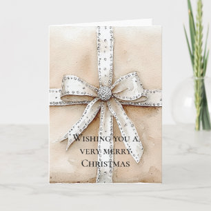 Tarjeta Navidades Glitzy Glam Bow de plata blanca crema