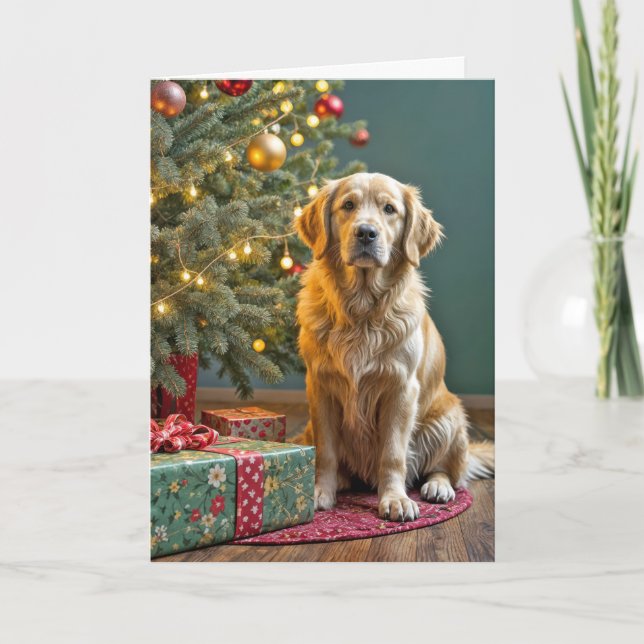 Tarjeta Navidades Golden Retriever con regalos de vacacion (Anverso)