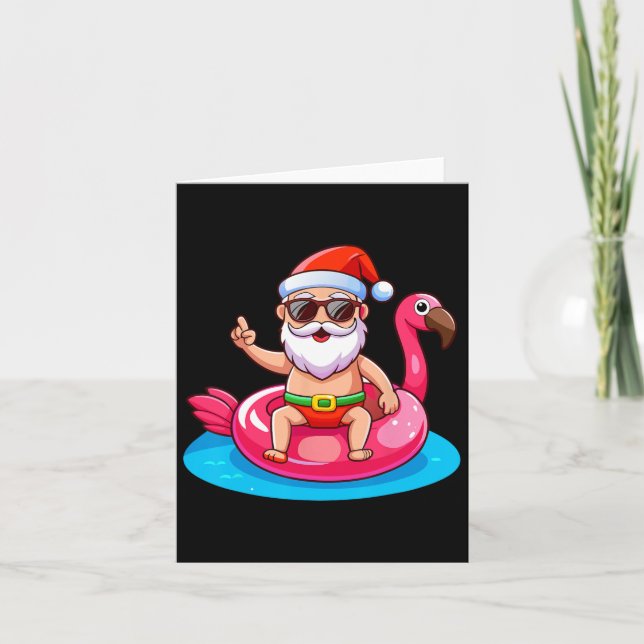 Tarjeta Navidades Graciosos De Santa Flamingo Floatie Beac (Anverso)