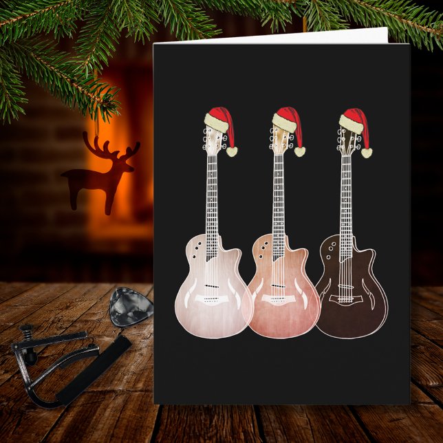 Tarjeta Navidades Guitars eléctricos Retro festivo vintage (Simple rustic guitars wearing Santa hats music themed Christmas holiday greetings card)