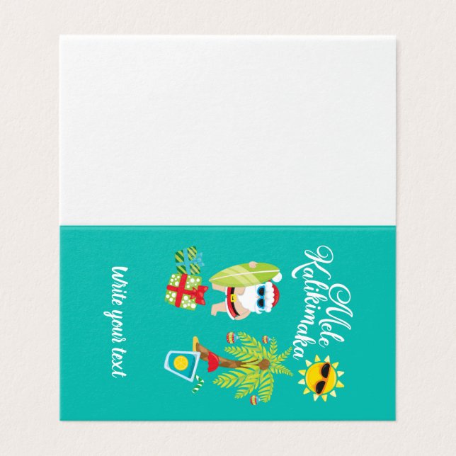 Tarjeta Navidades hawaianos. Santa Claus Mele Kalikimaka. (Exterior desplegado)