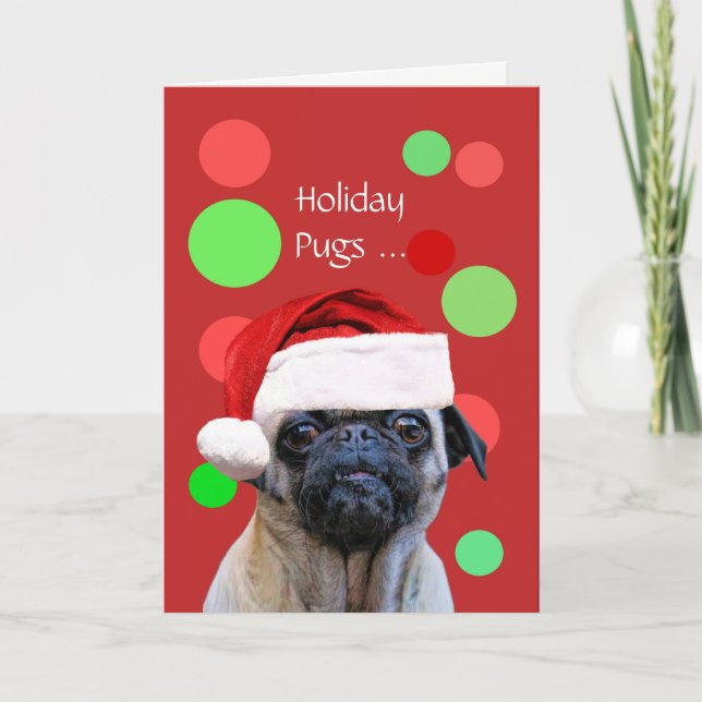 Tarjeta Navidades Holiday Cute Pug Dog Santa Hat (Anverso)