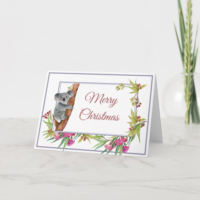Tarjeta Navidades Holiday Koala Eucalyptus Tree Floral (Anverso)