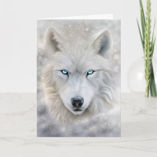 Tarjeta Navidades Holiday Wolf con ojos azules (Anverso)