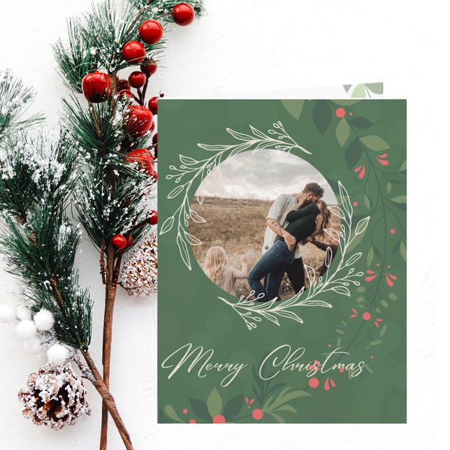 Tarjeta Navidades Holly Botanical Greenery Photo Navy (Subido por el creador)