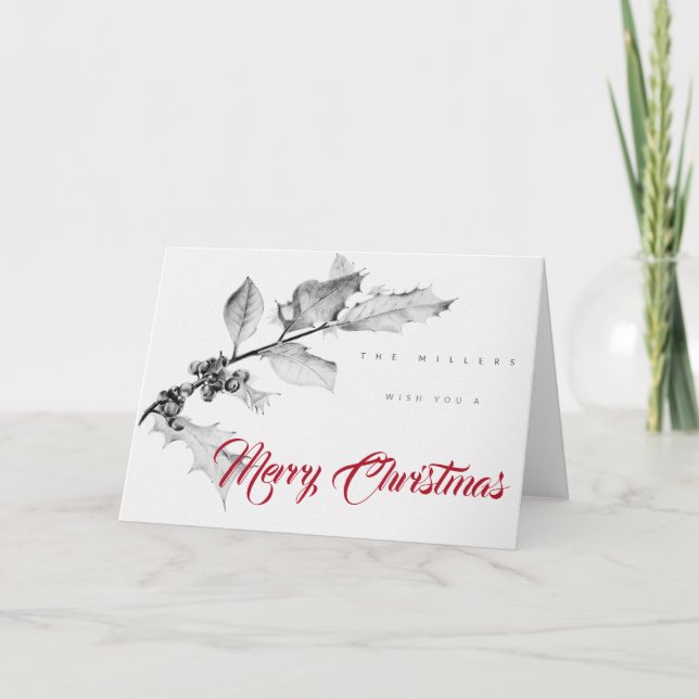 Tarjeta Navidades Holly Brach Dibujo de lápiz B y blanco (Anverso)