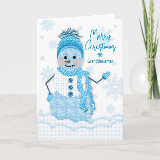 Tarjeta Navidades, hombre de nieve, nieta, sombras azules (Anverso)