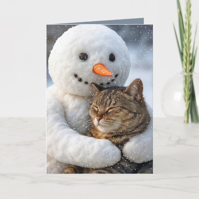 Tarjeta Navidades hombres de nieve abrazando a un gato tab (Anverso)