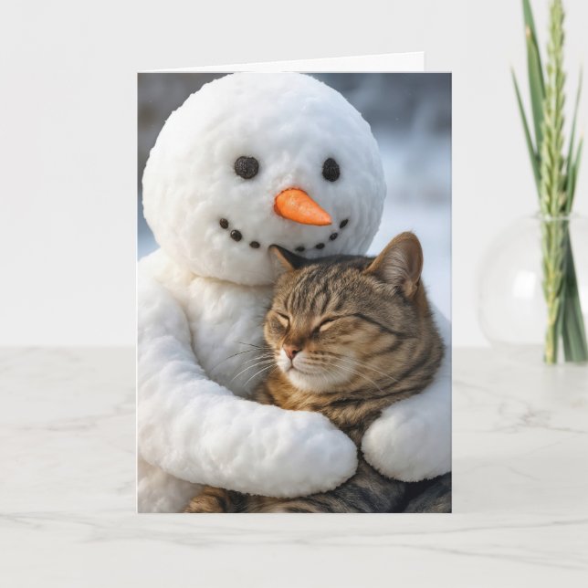 Tarjeta Navidades hombres de nieve abrazando a un gato tab (Anverso)