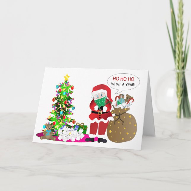 Tarjeta Navidades, Humor Covid-19, Santa en máscara, rollo (Anverso)