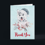 Tarjeta Navidades Husky Dog en un Sombrero de Santa Gracia<br><div class="desc">Gracias tarjeta con una pintada de una hermosa y caprichosa acuarela de un perro husky con un sombrero azul de Santa.</div>
