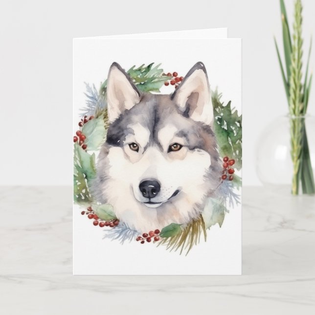Tarjeta Navidades Husky siberianos de corona festividad (Anverso)