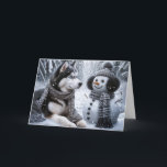 Tarjeta Navidades Husky y Snowman en Winter Woods<br><div class="desc">Perro dulce y dulce con ojos azules y un muñeco de nieve con copos de nieve para los Navidades. Se puede cambiar el texto.</div>