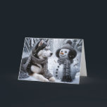 Tarjeta Navidades Husky y Snowman en Winter Woods<br><div class="desc">Perro dulce y dulce con ojos azules y un muñeco de nieve con copos de nieve para los Navidades. Se puede cambiar el texto.</div>