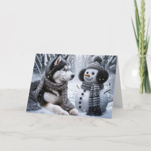 Tarjeta Navidades Husky y Snowman en Winter Woods