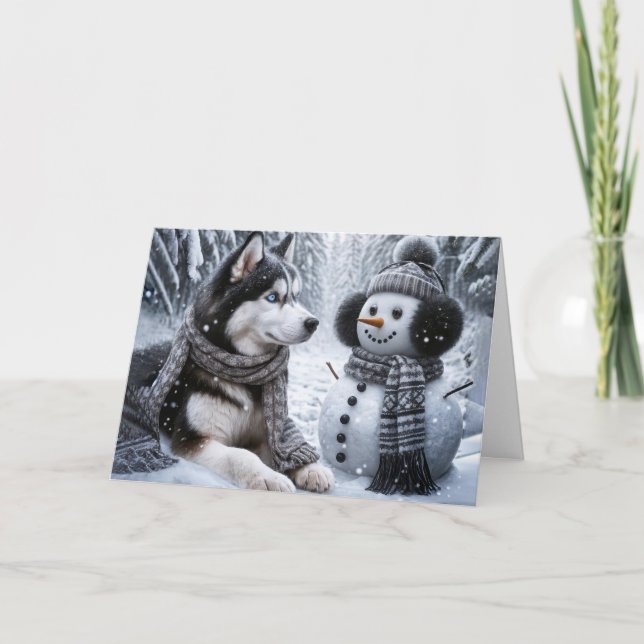 Tarjeta Navidades Husky y Snowman en Winter Woods (Anverso)