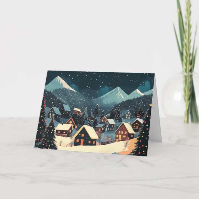 Tarjeta Navidades iluminan pueblo de montaña (Anverso)