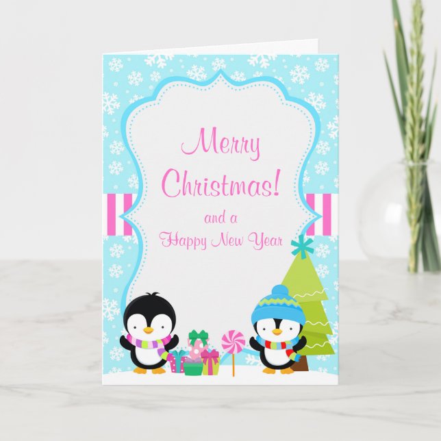 Tarjeta Navidades Invierno Cute Penguins Feliz Navidad (Anverso)