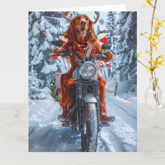 Tarjeta Navidades irlandeses de motocicletas Red Setter Do (flor amarilla)