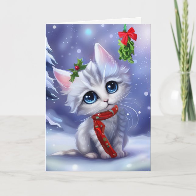 Tarjeta Navidades Kitten Cat Holiday Cute con Mistletoe (Anverso)