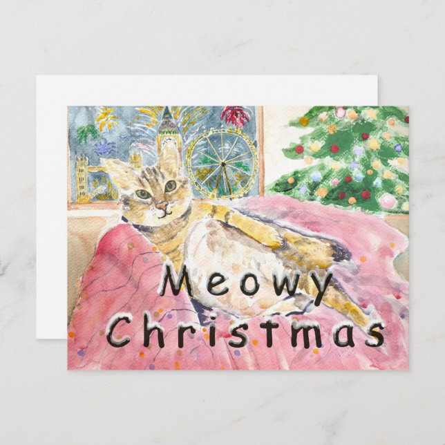 Tarjeta Navidades Meowy gato en Londres (Anverso / Reverso)
