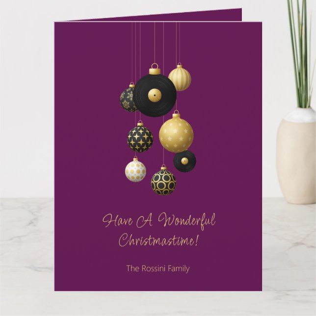 Tarjeta Navidades modernos Bauble Purple Gold Photo (Anverso)