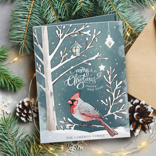 Tarjeta Navidades modernos del Cardenal Rojo en el paisaje (Modern Red Cardinal Winter Landscape Christmas Card)