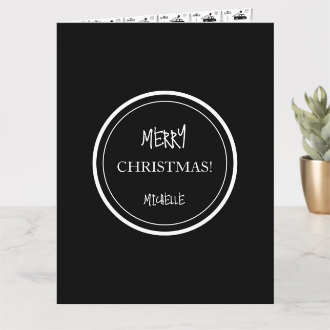 Tarjeta Navidades modernos: negro y blanco personalizado (Planta pequeña)