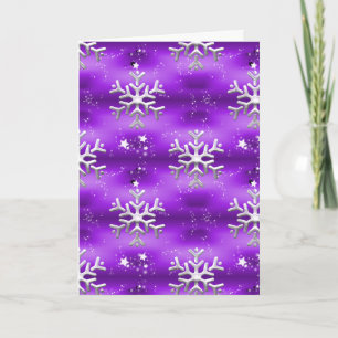 Tarjeta Navidades morados y copos de nieve plateados