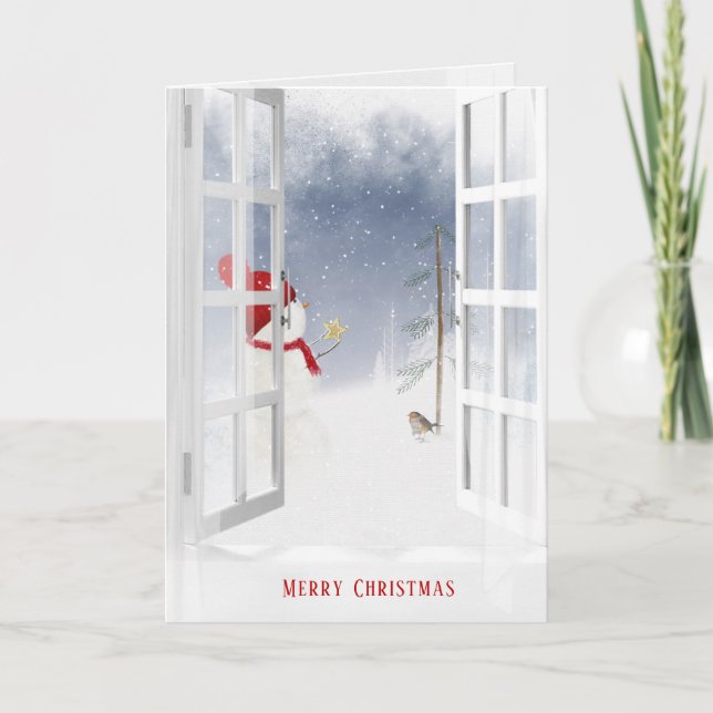 Tarjeta Navidades muñecos de nieve en la ventana (Anverso)