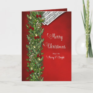 Tarjeta Navidades, Music Notes, Red, Pine Branch, Merry
