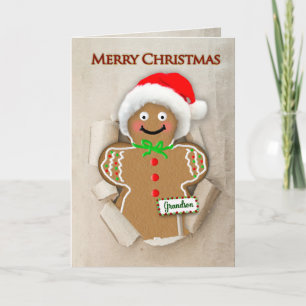 Tarjeta Navidades, nieto, hombre jengibre en Santa Hat