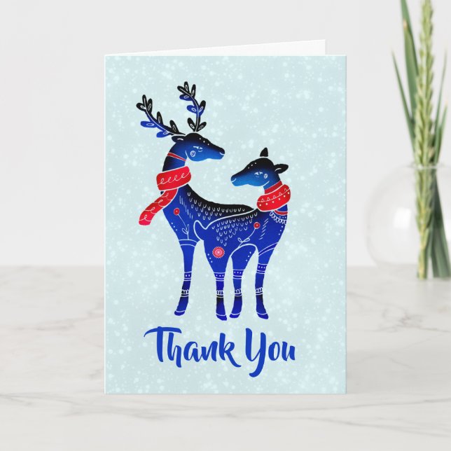 Tarjeta Navidades Nórdicos Azules Pareja de Renos Gracias (Anverso)